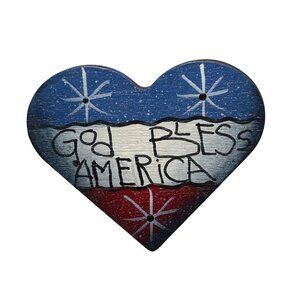 God Bless America Heart-shaped Handmade Wooden Folk Art Pin Brooch